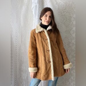 Vintage 90s Faux Shearling Gallery Caramel Winter Coat Warm Lined Medium